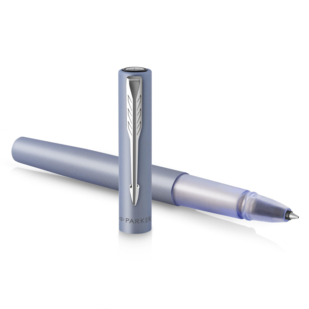 Vector XL Rollerball Pen | Metallic Silver-Blue Lacquer on Brass | Fine Point with Black Ink Refill | Gift Box