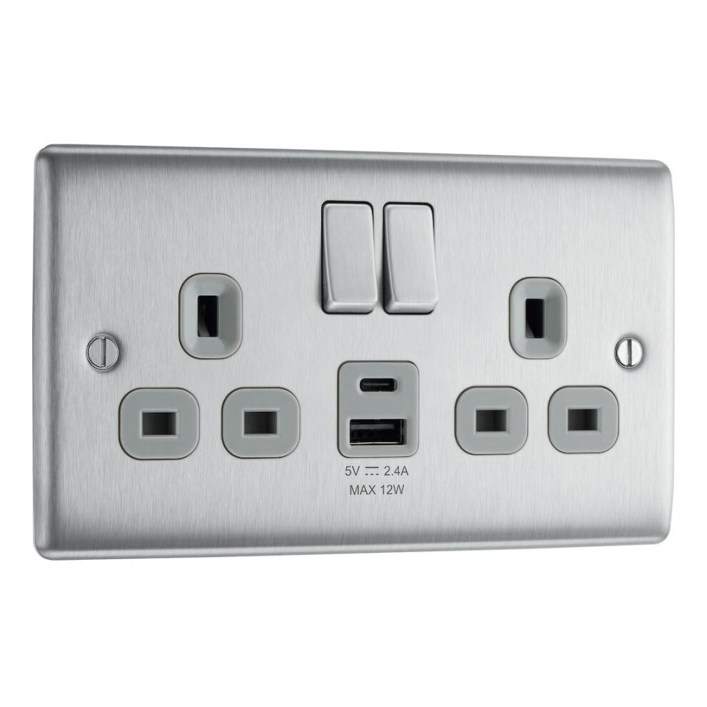 Bg Electrical Double Switched Power Wall Plug Socket With Type A And Type C Usb Charging Ports, Nexus Metal, Brushed Steel, Grey Inserts, 13A, 12W, 5050765244312