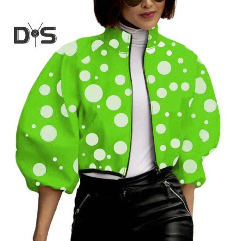 (green, S) Women Jacket Stand Collar Color Matching Dot Print Zipper Closure Short Type Loose Long Sleeve Cardigan Lady Casual Coat