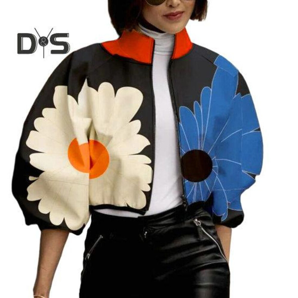 (blue, M) Women Jacket Stand Collar Color Matching Dot Print Zipper Closure Short Type Loose Long Sleeve Cardigan Lady Casual Coat