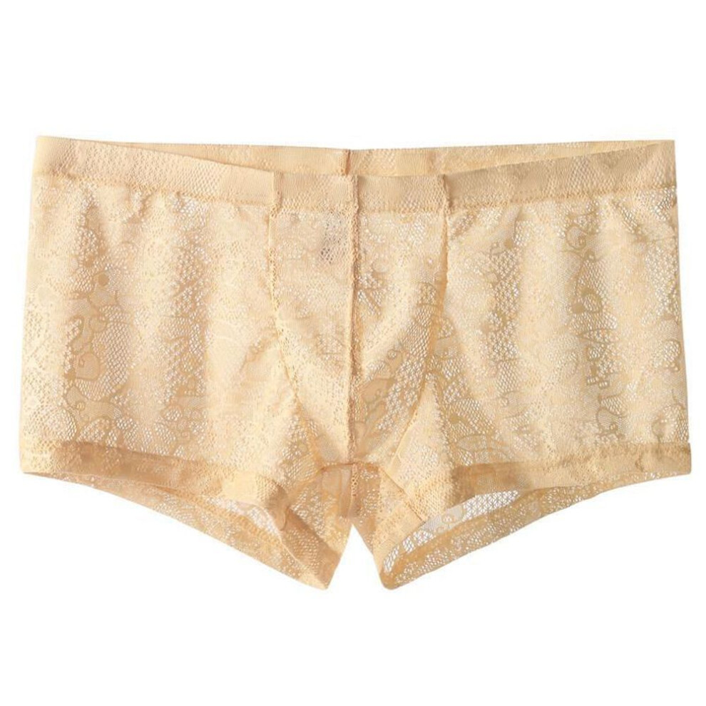 (M, as the picture) Junye Men's Low-Waist Lace Ice Silk Breathable Boxer Briefs - Sexy Transparent Summer Trendy Underwear with U-Convex Design.