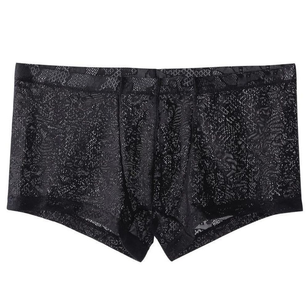 (XXXL, black) Junye Men's Low-Waist Lace Ice Silk Breathable Boxer Briefs - Sexy Transparent Summer Trendy Underwear with U-Convex Design.