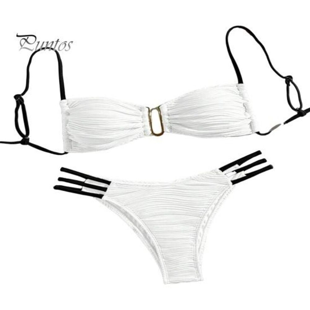 (M, white) 2Pcs/Set Women Bikini Set Sling Bandeau Padded Bra Wrinkle Texture Briefs Set Patchwork Color Split Swimsuit