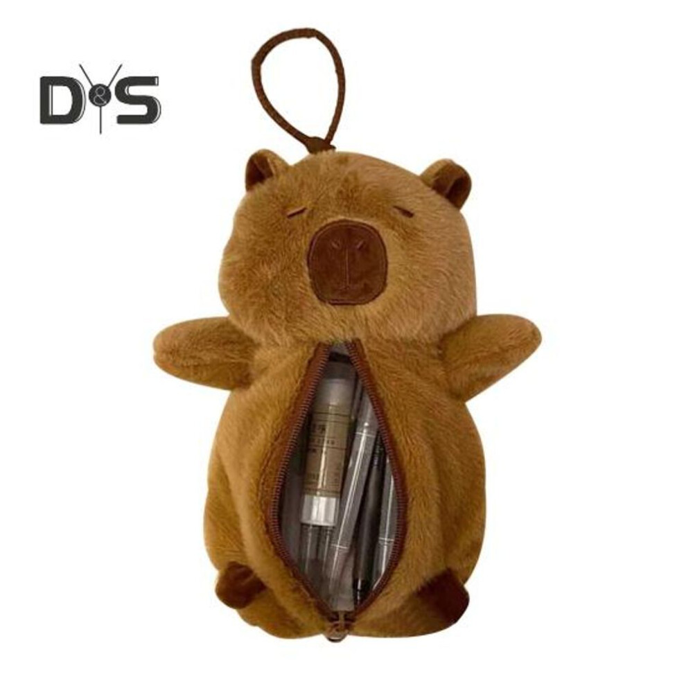 Capybara Shape Plush Pencil Case With Lanyard Large Capacity Zipper Pens Stationery Cosmetics Organizer