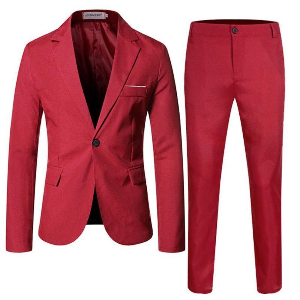 (XL, burgundy) Men's Large Solid Color Slim Fit Casual Formal Two-piece Suit