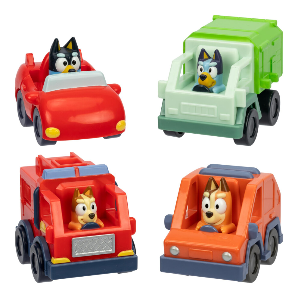Bluey Mini Racers, 4 Of The Most Popular Vehicles In Mini Form. Roll And Race With Garbage Truck, Fire Truck Bingo, Convertible Bandit And Heeler 4Wd Chilli
