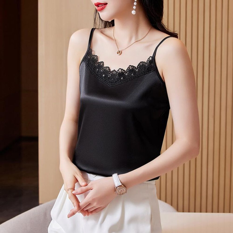 (M, black) Spring New Lace Suspender Vest Women's Inner Black Acetic Acid Satin Temperament Versatile Sleeveless Bottoming Shirt