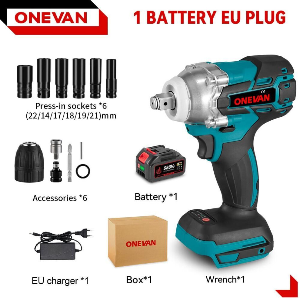 (1 Battery-12pcs Set) Onevan 520n.m Brushless Electric Impact Wrench 1/2 Inch Cordless Hexs Socket Kit Screwdriver Power Tool For Makita 18v Battery