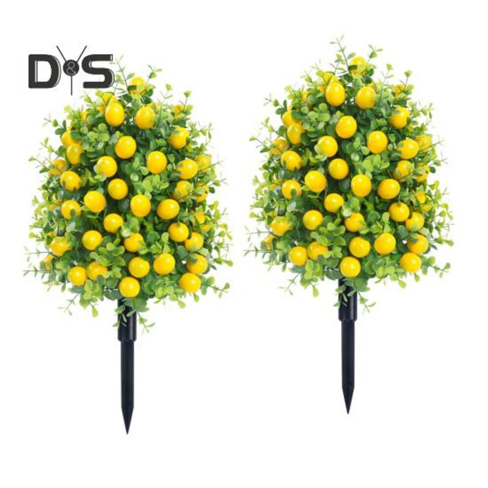 (as the picture, 2pcs) 22-Inch Artificial Lemon Tree with Ground Spike UV Resistant Faux Shrub Bushes Tree Fake Evergreen Plant for Indoor Garden Patio Yard Decor