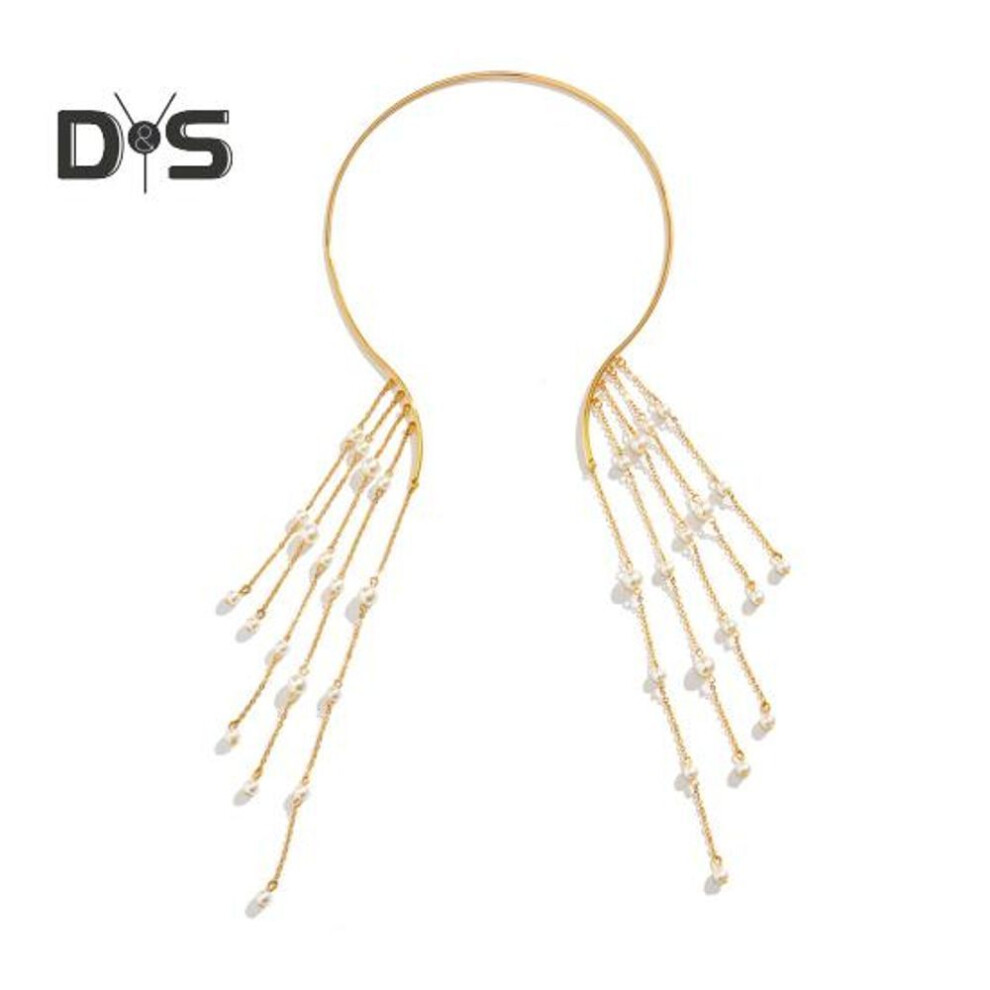 (as the picture, A) Long Tassel Metal Open Choker Star Imitation Pearl Beads Tassel Collar Clavicle Chain Necklace Chest Body Jewelry For Women