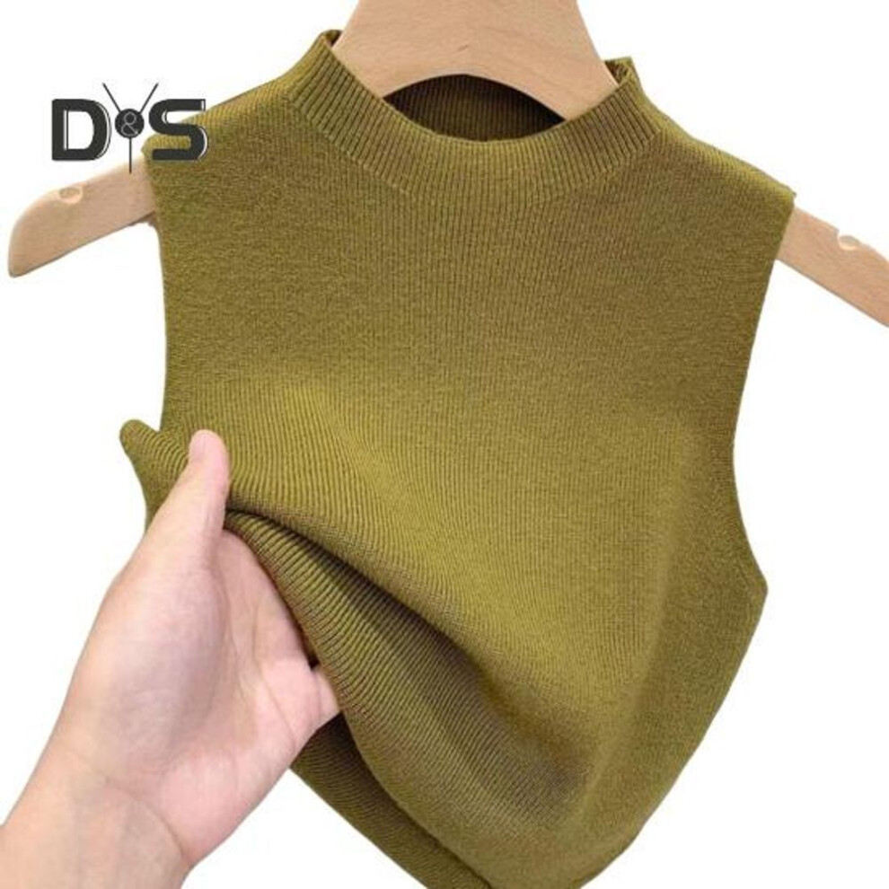 (yellow,green) Women Knitted Vest Tops Slim Fit Half-High Collar Sleeveless Top Solid Color Stretchy Knit Blouse Daily Wear
