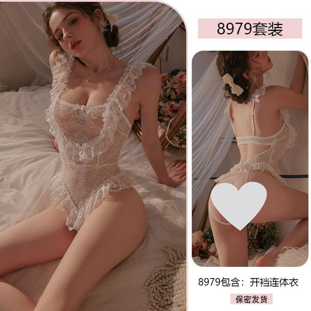 (white, One Size) Sexy pure lace seduction onesie women's perspective open crotch sex uniform robe pajamas