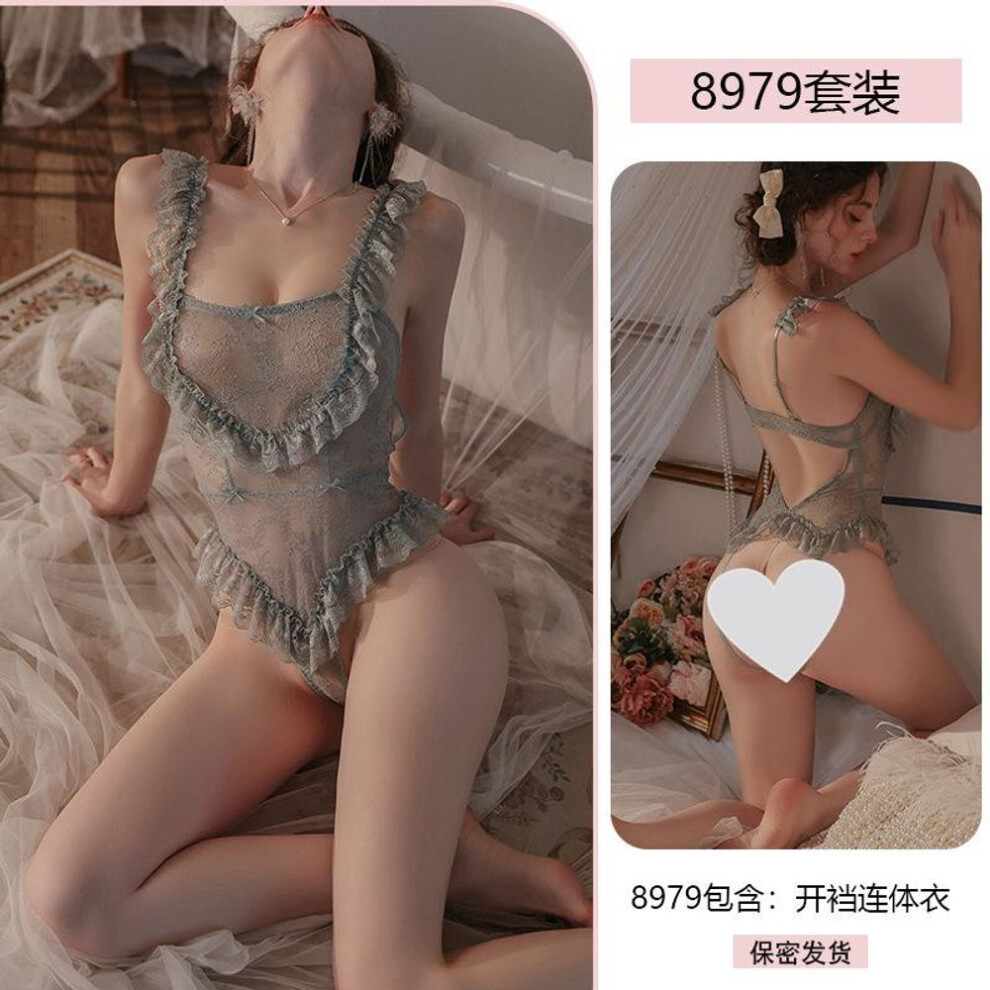 (green, One Size) Sexy lace seduction onesie women's pure desire to open the crotch sex perspective uniform suit pajamas