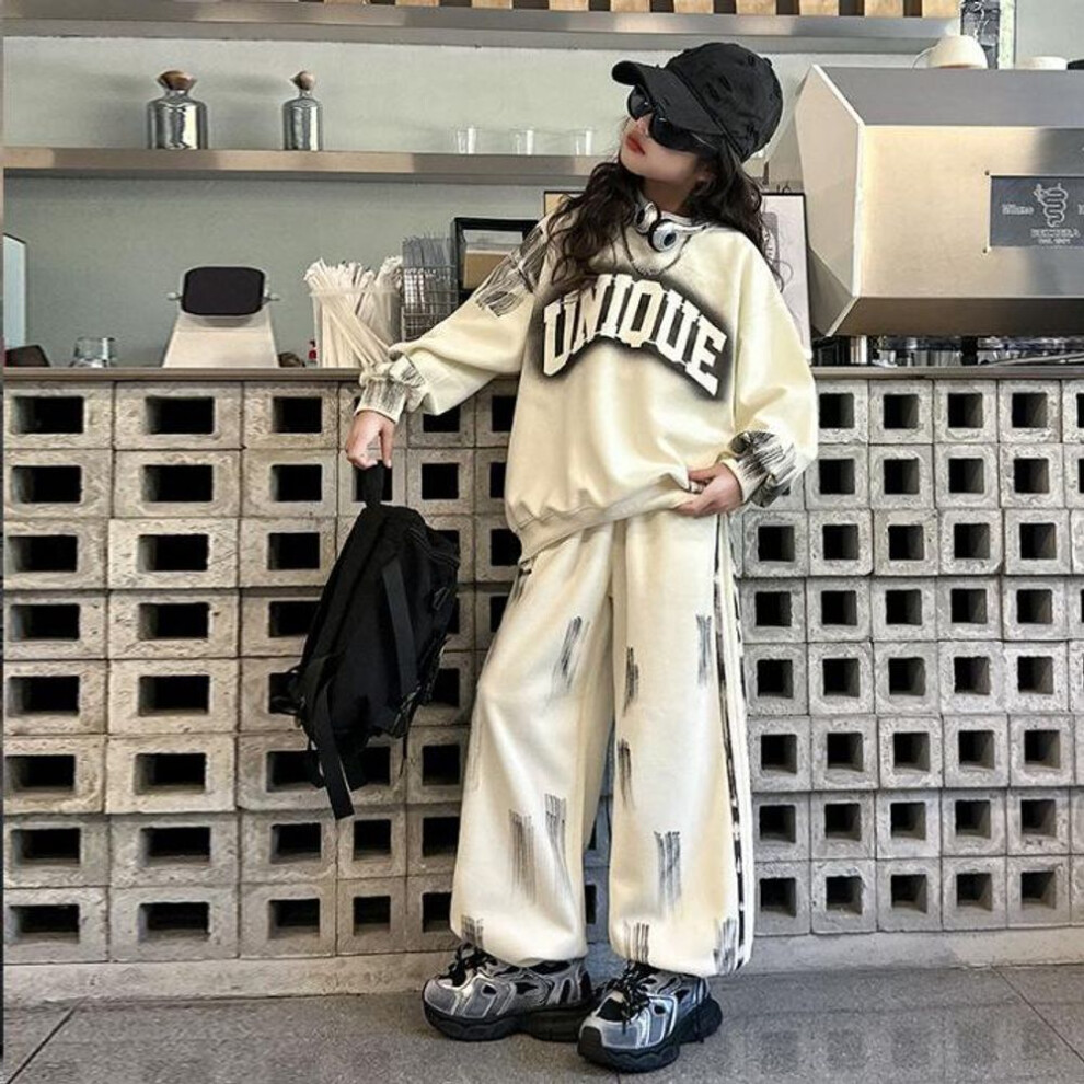 (cream,white, 140 cm) Girls' Korean Casual Suit: Spring/autumn Letter Sweatshirt & Fashionable Trousers Two-piece Set For Middle And Large Children