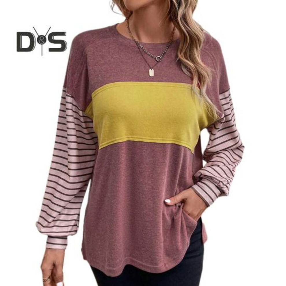 (XL, wine red) Women T-shirt Round Neck Long Sleeve Striped Contrast Color Loose Fit Tee Shirt Stretchy Breathable Pullover Tops