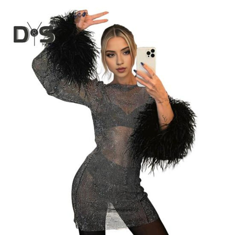 (black, L) Sexy Glitter Evening Dress with Fur-Trimmed Cuffs Round Neckline Long Sleeves See-through Slim Fit Dress