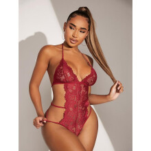 (burgundy, XL) Deep V perspective sexy lace women's three-point seduction sexy backless sexy lingerie