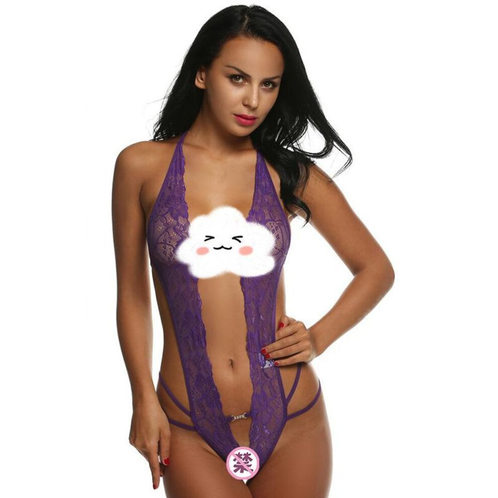 (purple, XXL) Sexy lingerie, sexy cross-strap lace deep V women's onesie