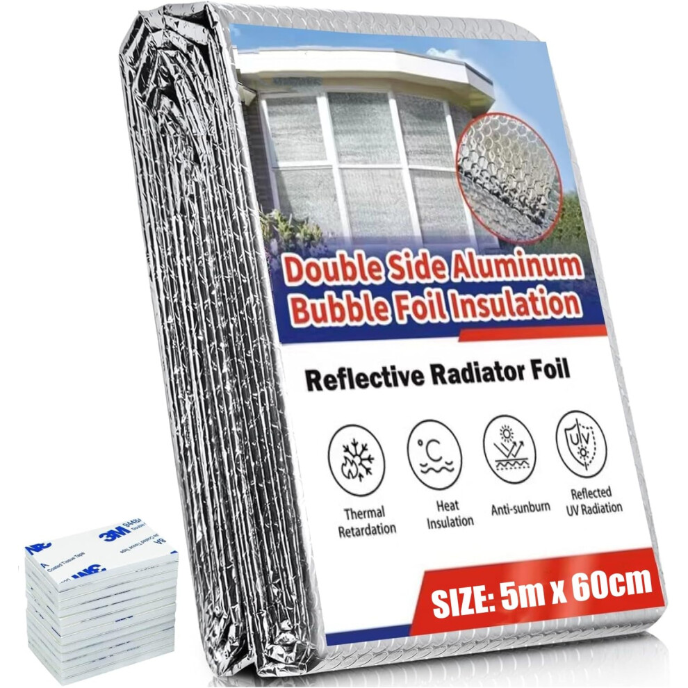 Radiator Insulation Foil, 5M X 60Cm Bubble Insulation Foil Reflector 4Mm Thickness Heat Reflective Bubble Wrap Radiator Foil Reflector With 12Pcs 769044742931