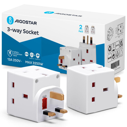 3 Way Plug Adapter UK, Aigostar 3 Pin Plug Adapter 3 Way 13Amp Wall ...