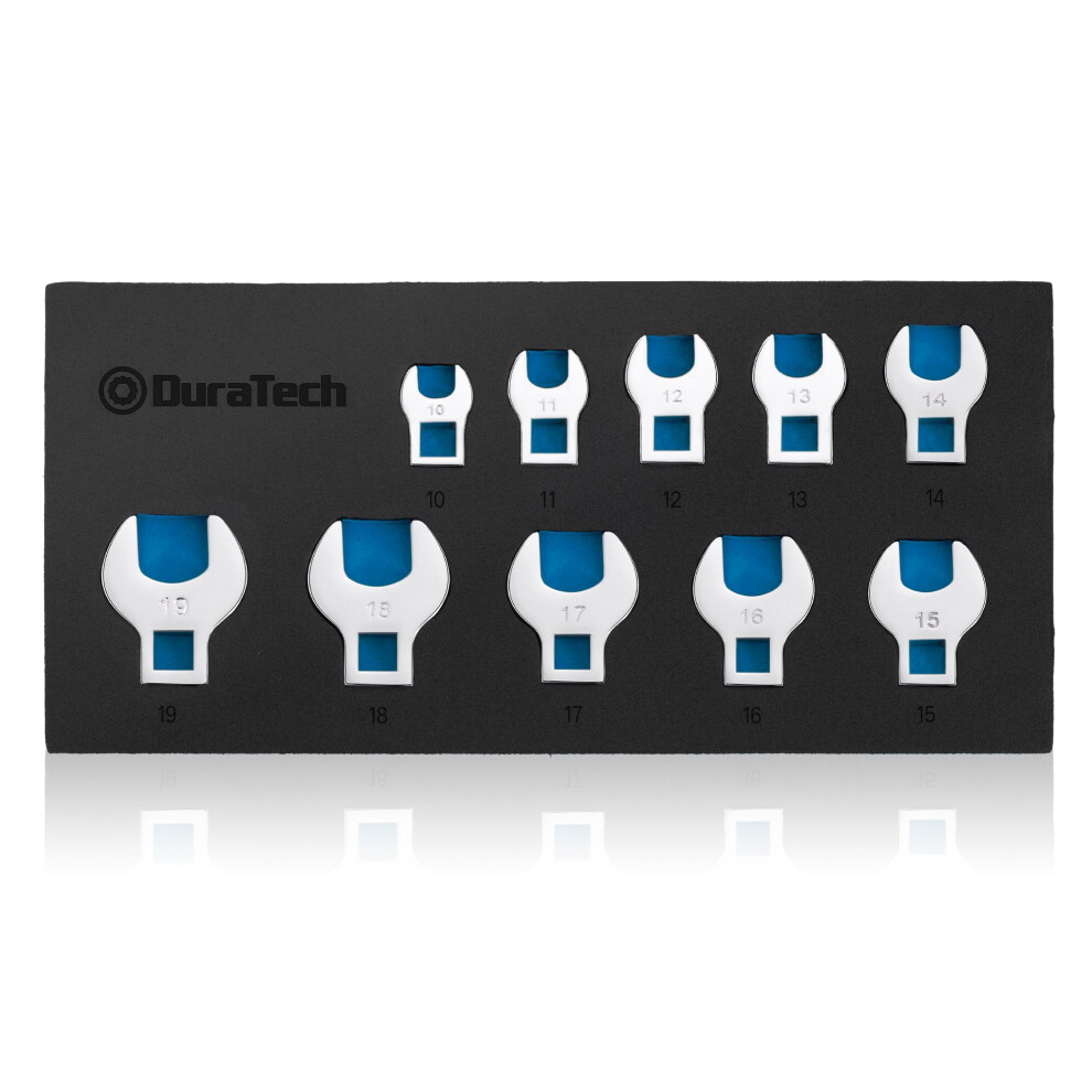 10 Piece 3/8" Drive Crowfoot Spanner Set, Open End Crowsfoot Wrench Set, Metric Sizes 10-19mm, Cr-V Steel, with EVA Foam Tool Organizer