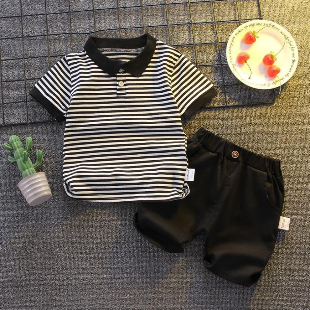 (black, 120 cm) Boys' Trendy Summer Striped Polo Shirt & Shorts Set