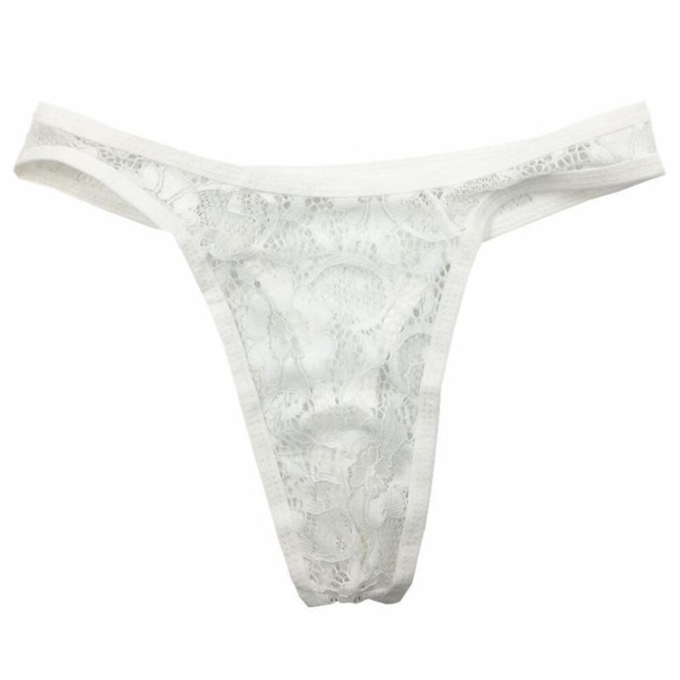 (One Size, white) Men's Lace Patterned T-Back Sexy See-Through Briefs
