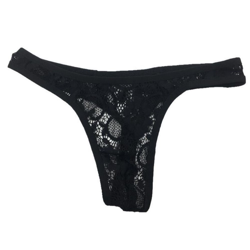 (One Size, black) Men's Lace Patterned T-Back Sexy See-Through Briefs