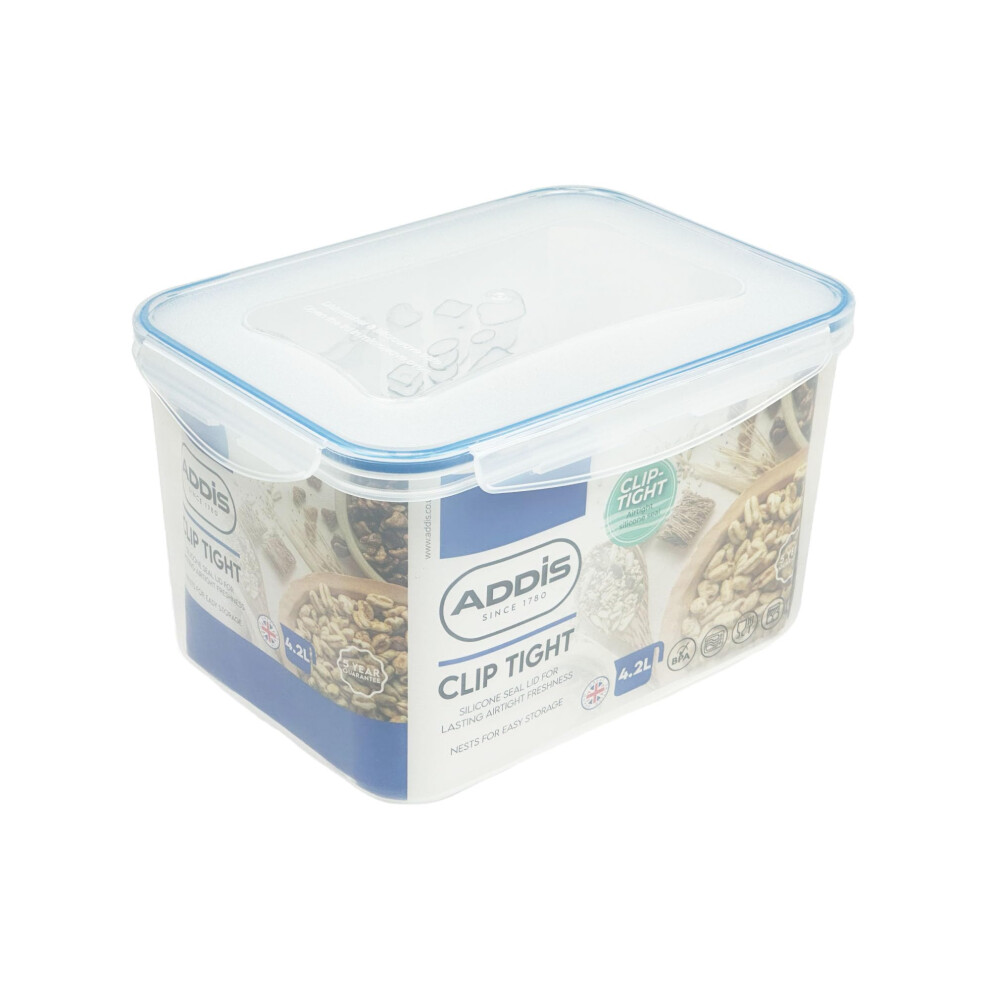 Clip Tight Food Storage Container Large 4.2 Litre Tall Rectangle Airtight Silicone Seal Containers Bpa Free Easy Locking Lid Clips, Clear Transparent