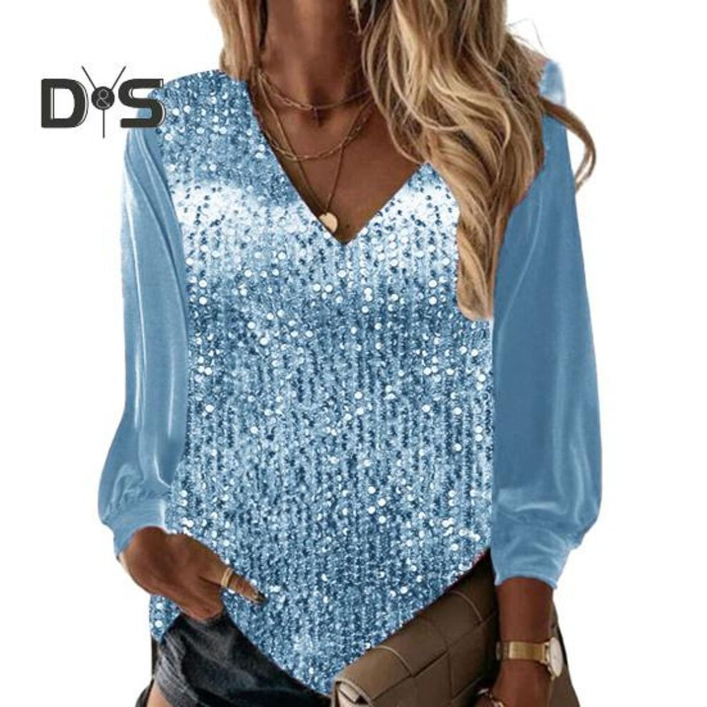 (L, light blue) Fall Spring Women Top Shiny Sequin V Neck Long Sleeve Patchwork Loose Pullover Soft Breathable Mid Length Lady Commute Shirt Blouse