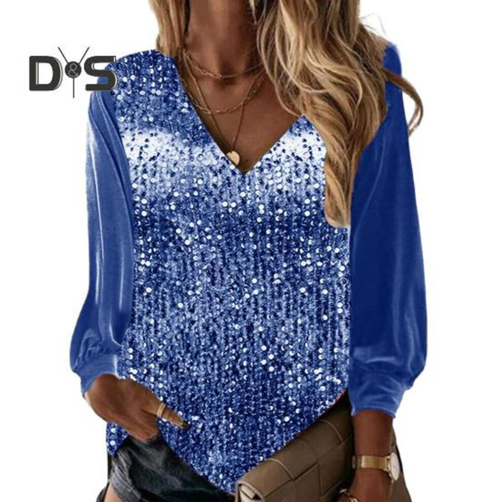 (3XL, royal blue) Fall Spring Women Top Shiny Sequin V Neck Long Sleeve Patchwork Loose Pullover Soft Breathable Mid Length Lady Commute Shirt Blouse