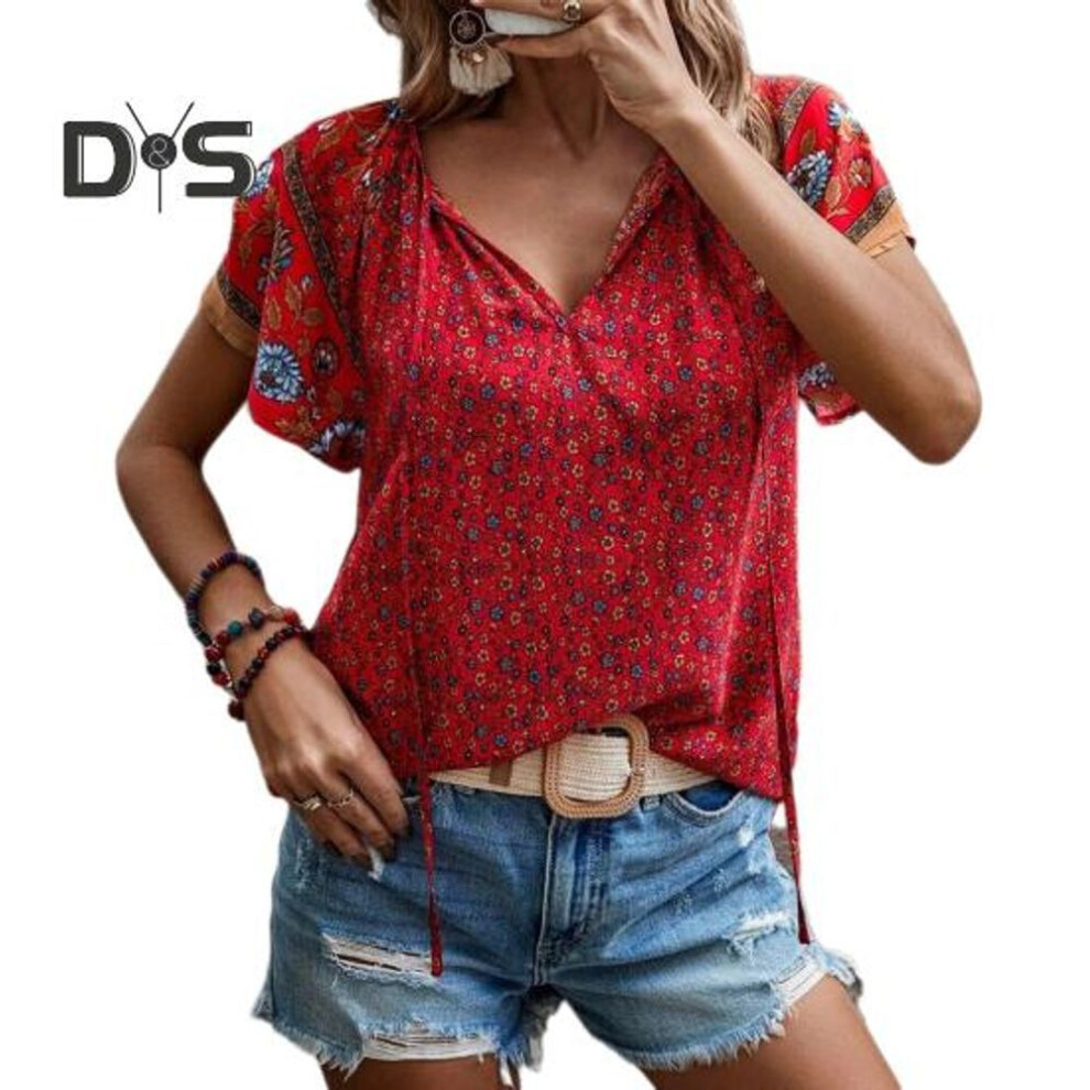 (S, red) Women Summer Tops V-neck Lace-up Short Sleeve Loose Fit Shirt Ethnic Style Floral Print Thin Tee Shirt Daily Wear
