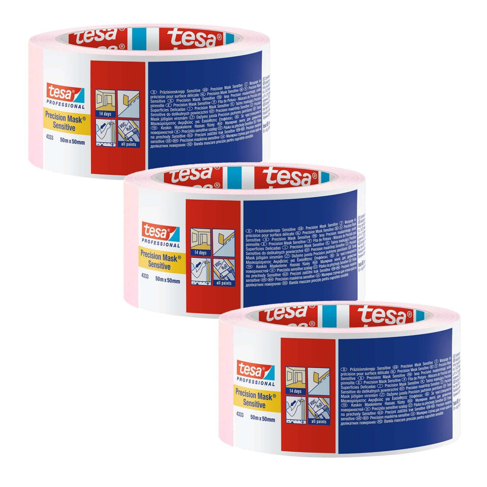 Tesa 4333-00021-02 Precision Sensitive,Razor Sharp Edge And Low Tack Masking Tape For Indoor Painting And Decorating, Residue Free Removal, 50 M X 50 4042448408150