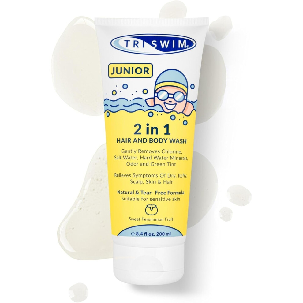 Triswim Junior After Swim Hair & Body Wash For Kids | Natural & Tear Free | Gently Removes Pool Chlorine & Odors | Prevents Skin Itching | Sweet Persimmon