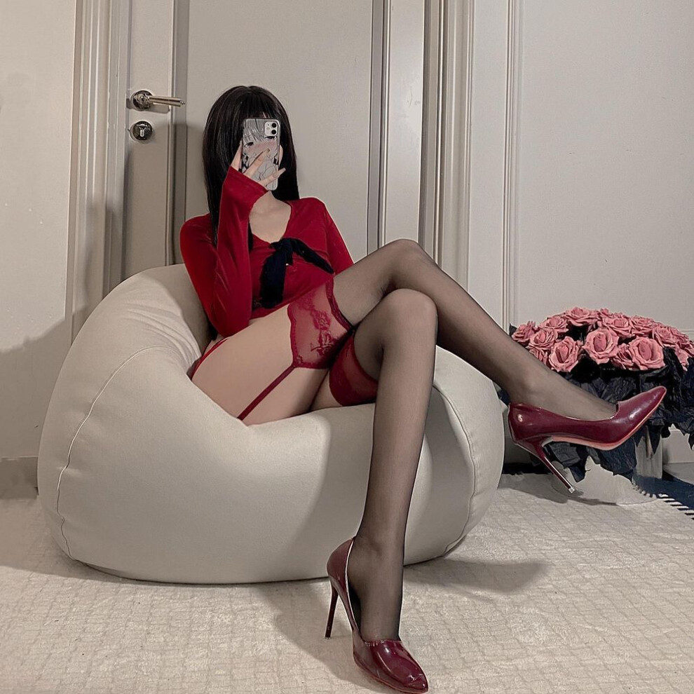 (Lace suspenders, One Size, red) Peony Flower Fishnet Pantyhose With Anti-snag Horse Oil Layer