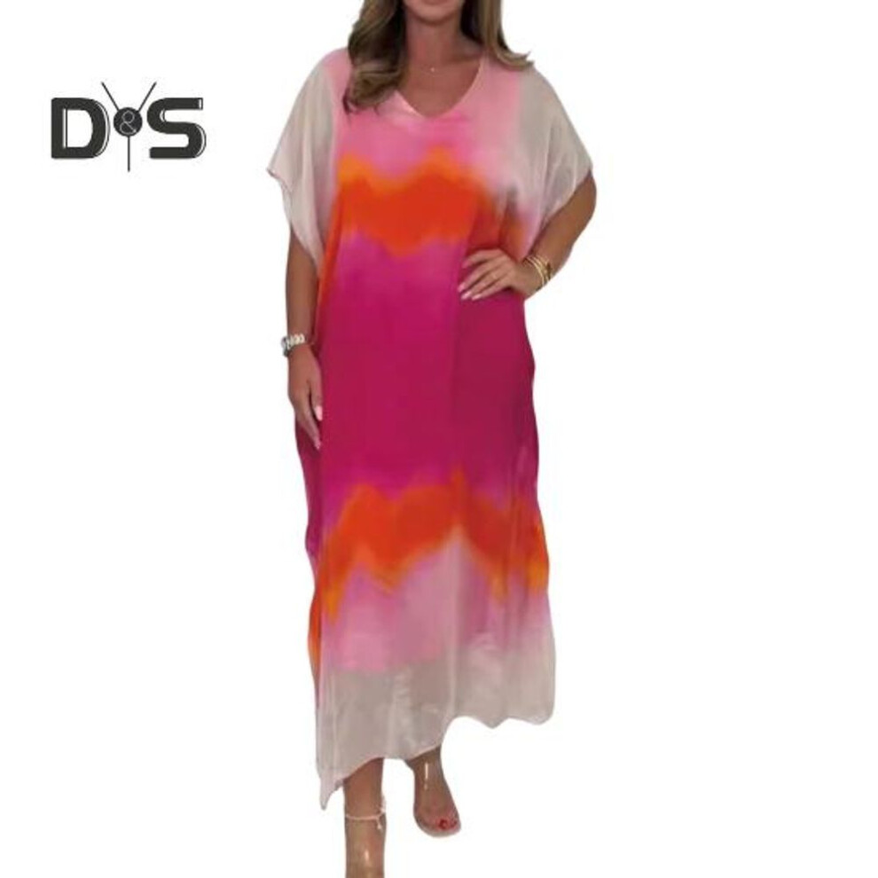 (pink, S) Women's Chiffon Maxi Dress Gradient Printed V Neck Short Sleeve Long Dress Casual Loose Beach Sundress For Summer Holiday