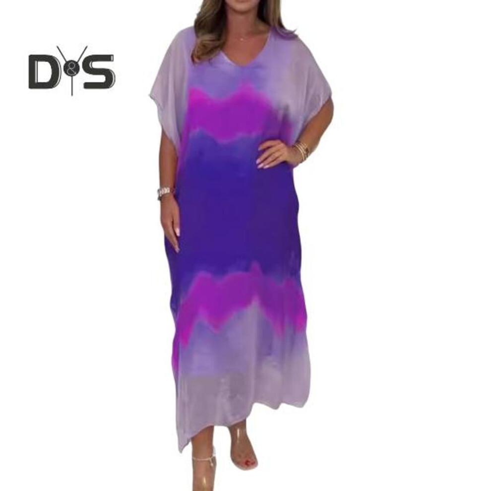 (blue, L) Women's Chiffon Maxi Dress Gradient Printed V Neck Short Sleeve Long Dress Casual Loose Beach Sundress For Summer Holiday