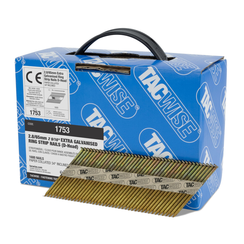 1753 Extra Galvanised Framing Nails 2.8/65 mm, D Head, Ring Shank, 34 Inclined, Paper Collated, Pack of 1600, Silver
