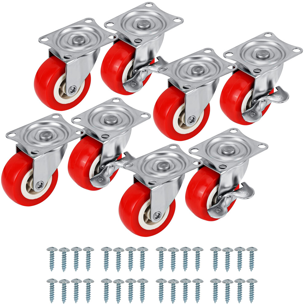 Heavy Duty Swivel Red Casters - 8 Pack, 50kg Load, Rubber Wheels, Metal Plates, Locking Brakes - Industrial, Furniture, Garage Use