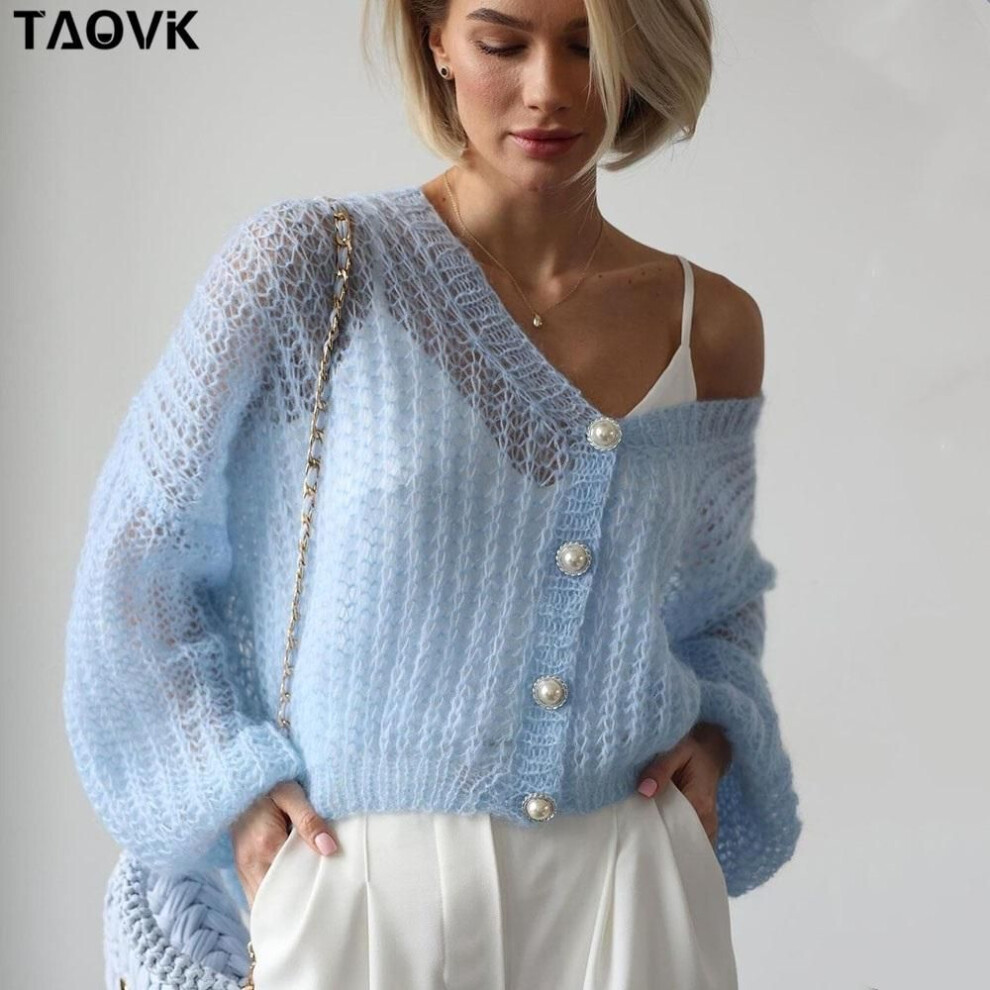 (L, sky blue) TAOVK Women's crochet tops Knitted Sweaters lightweight sheer Thin see through Sweater Loose Cardigan