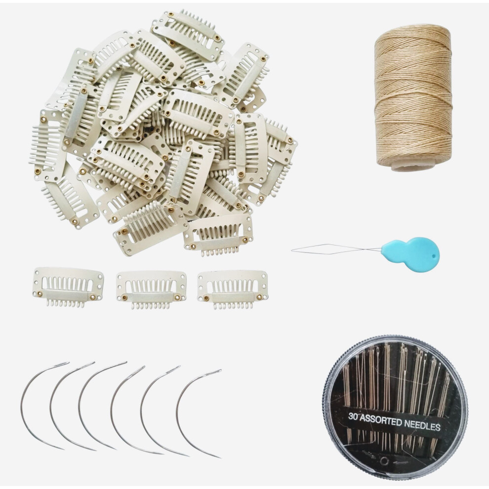 Estellar Pro Unisex Wig Clips Set - Hair Extension Snap Hair Clips Wig Grip 9-Teeth - Wigs Making Set - Weave Wefts - Needles Thread Weaving Kit - Blonde