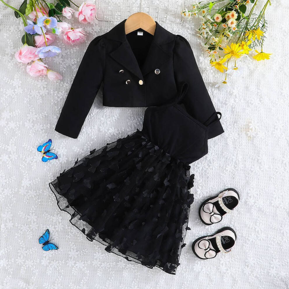 (black, 12-18M) Children Clothing Autumn Winter Girls Long Sleeved Suit Crop Jacket + Tulle Dress 2 Piece Set Fashion Kids Skirt Sets