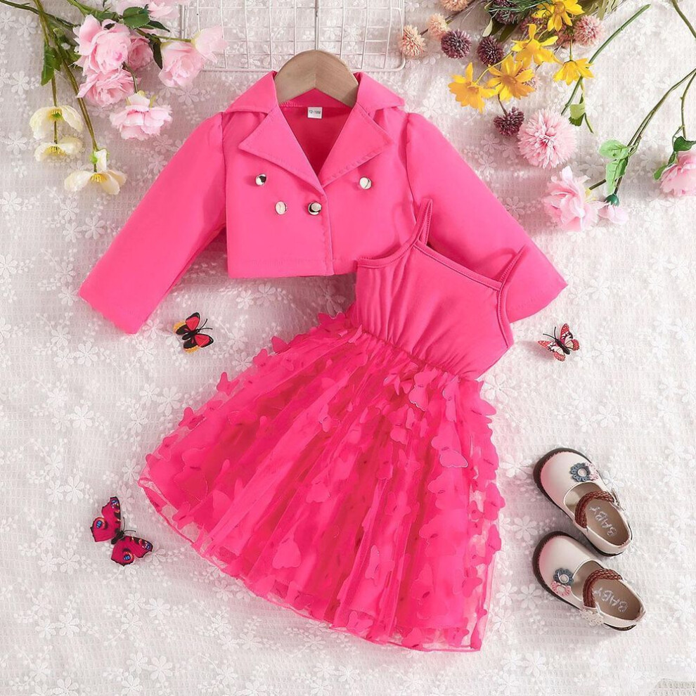 (rose red, 4-5Y) Children Clothing Autumn Winter Girls Long Sleeved Suit Crop Jacket + Tulle Dress 2 Piece Set Fashion Kids Skirt Sets