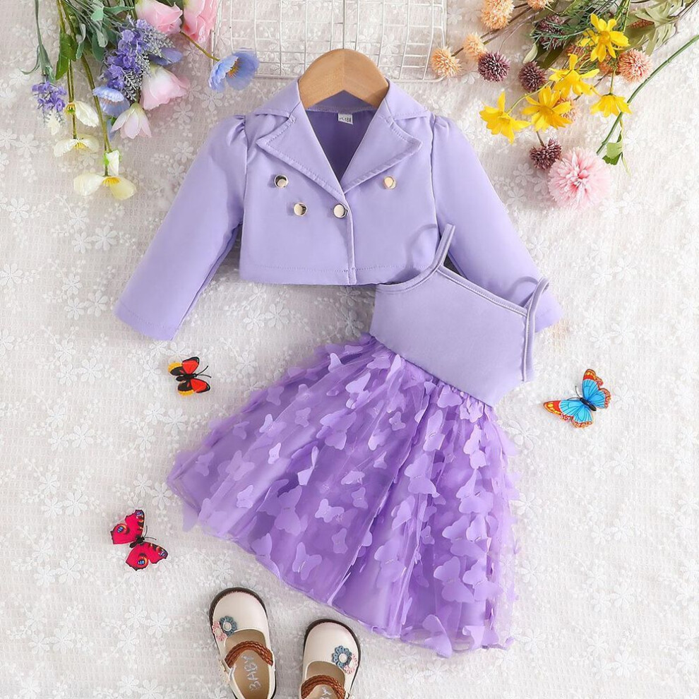 (purple, 4-5Y) Children Clothing Autumn Winter Girls Long Sleeved Suit Crop Jacket + Tulle Dress 2 Piece Set Fashion Kids Skirt Sets