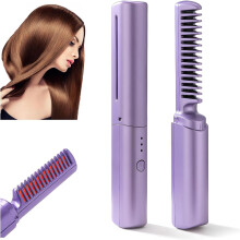 Rechargeable Mini Hair Straightener, Cordless Hair Straightener Brush, Portable Straightening Brush with Negative Ion,Hot Comb Hair Straightener for