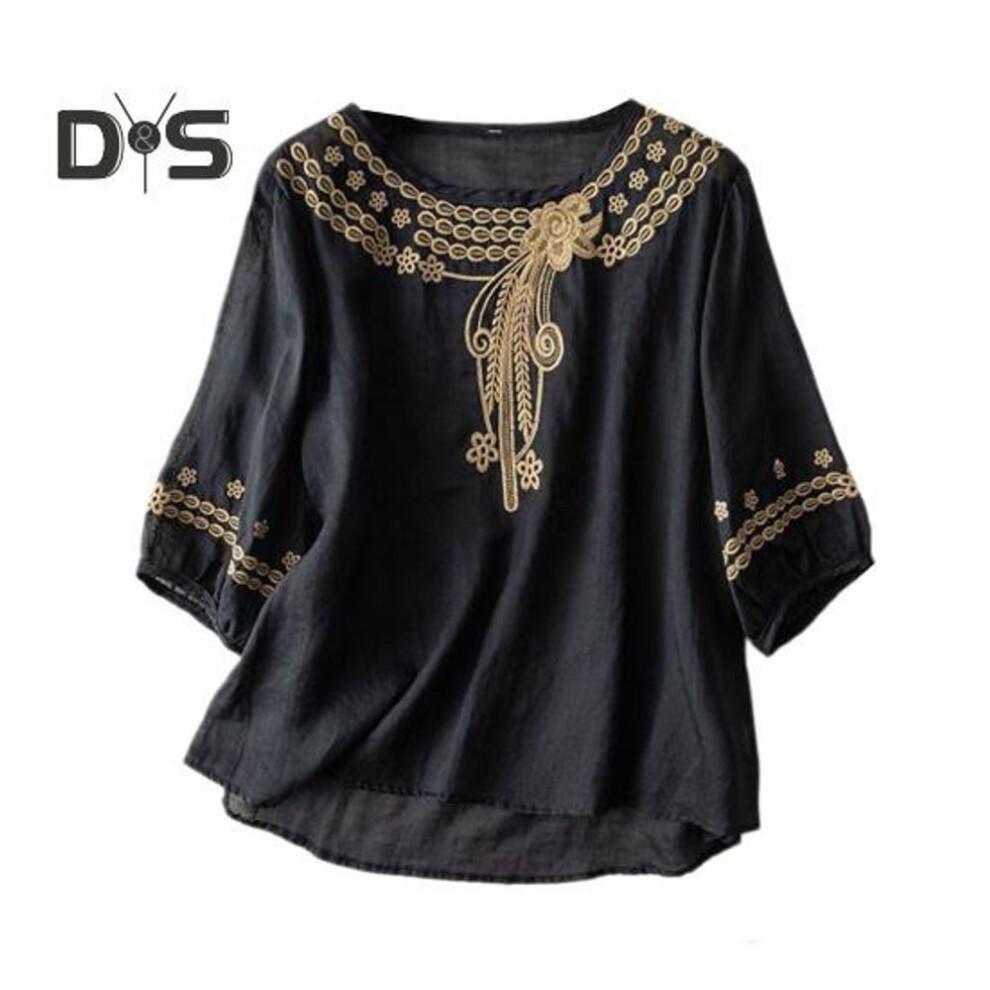 (XL, black) Women Tops Round Neck Half Sleeve Loose Fit Tee Shirt Hollow Embroidery Pattern Summer Thin Pullover Tops