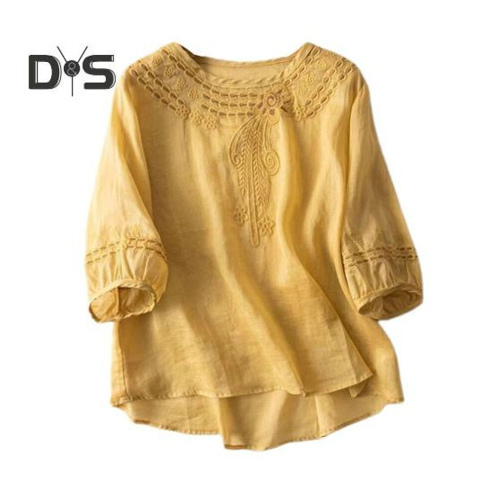 (XL, yellow) Women Tops Round Neck Half Sleeve Loose Fit Tee Shirt Hollow Embroidery Pattern Summer Thin Pullover Tops