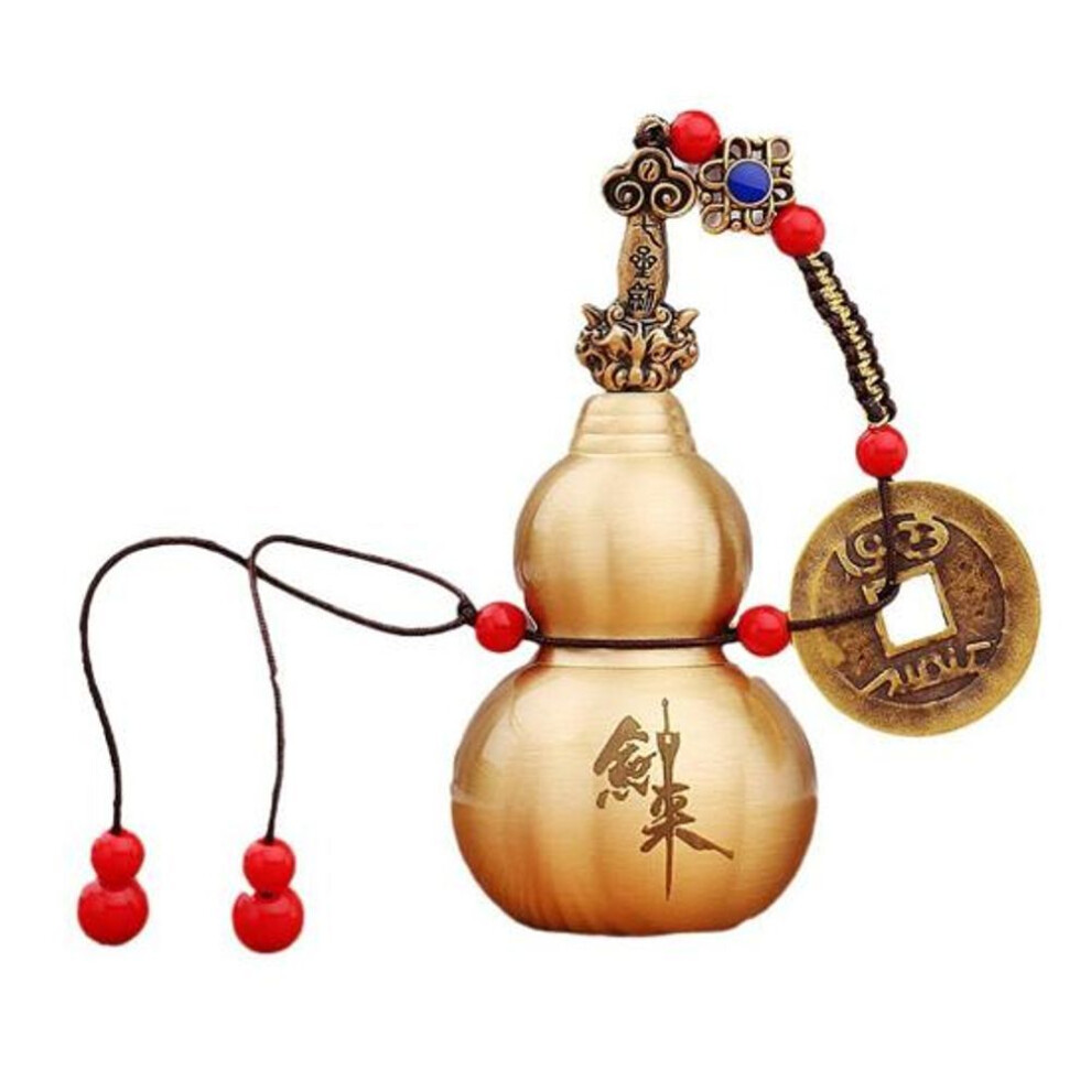 Brass Gourd Hanging Decoration with Carved Stiletto Copper Coin Red Beads Retro Chinese Style Metal Gourd Fengshui Ornament Keychain Pendant