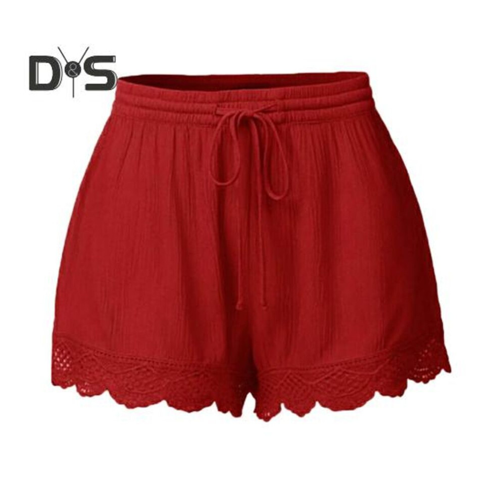 (red, M) Women Summer Shorts Elastic Drawstring Waist Solid Color Lace Trim Shorts Loose Fit Elastic Tight Yoga Pants