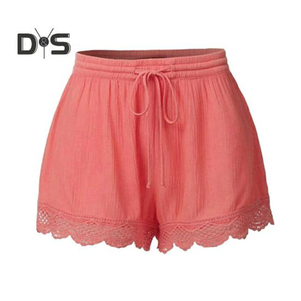 (pink, S) Women Summer Shorts Elastic Drawstring Waist Solid Color Lace Trim Shorts Loose Fit Elastic Tight Yoga Pants